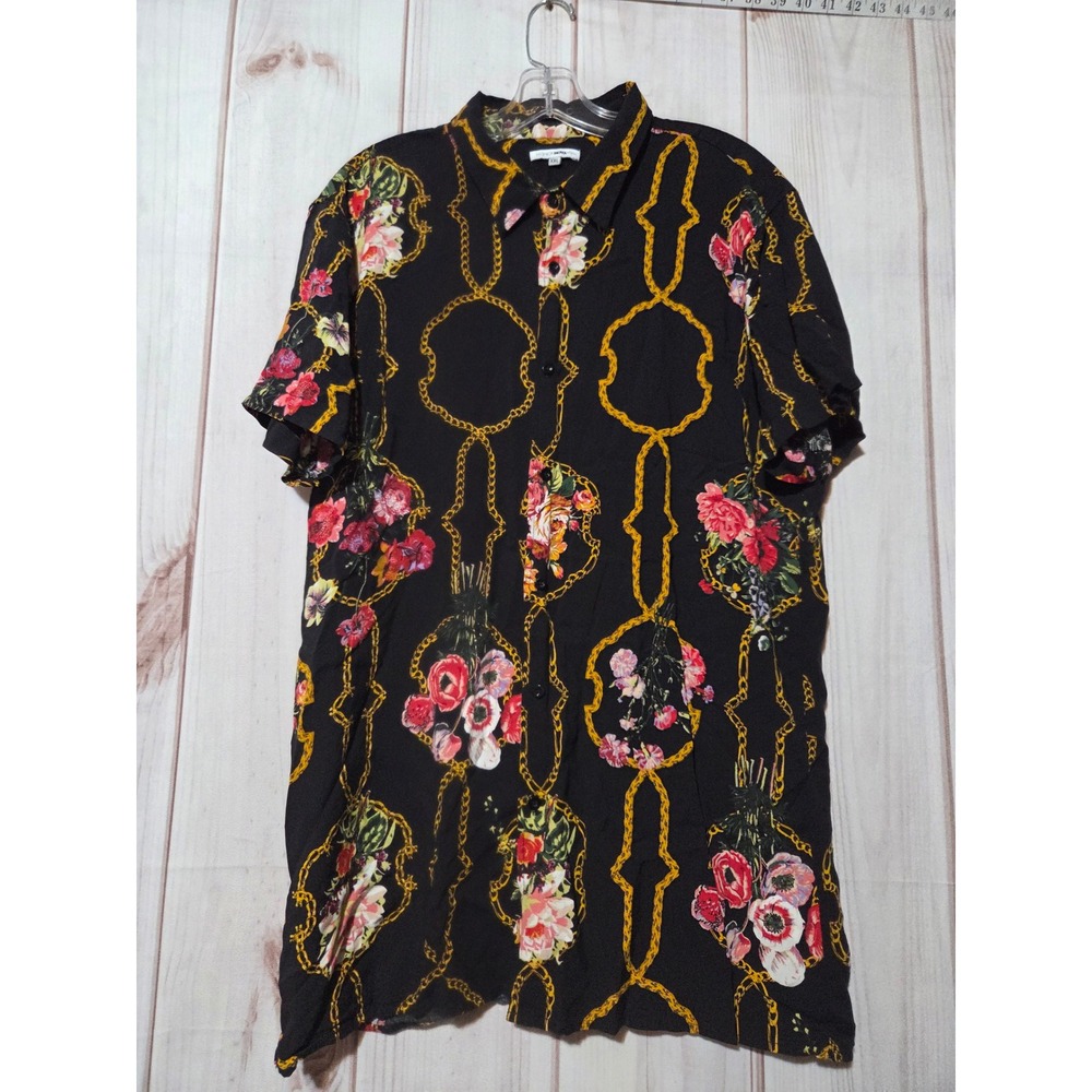 Fashion Nova Men XXL Black‎ Gold Chain Floral Short Sleeve Button Up Shirt